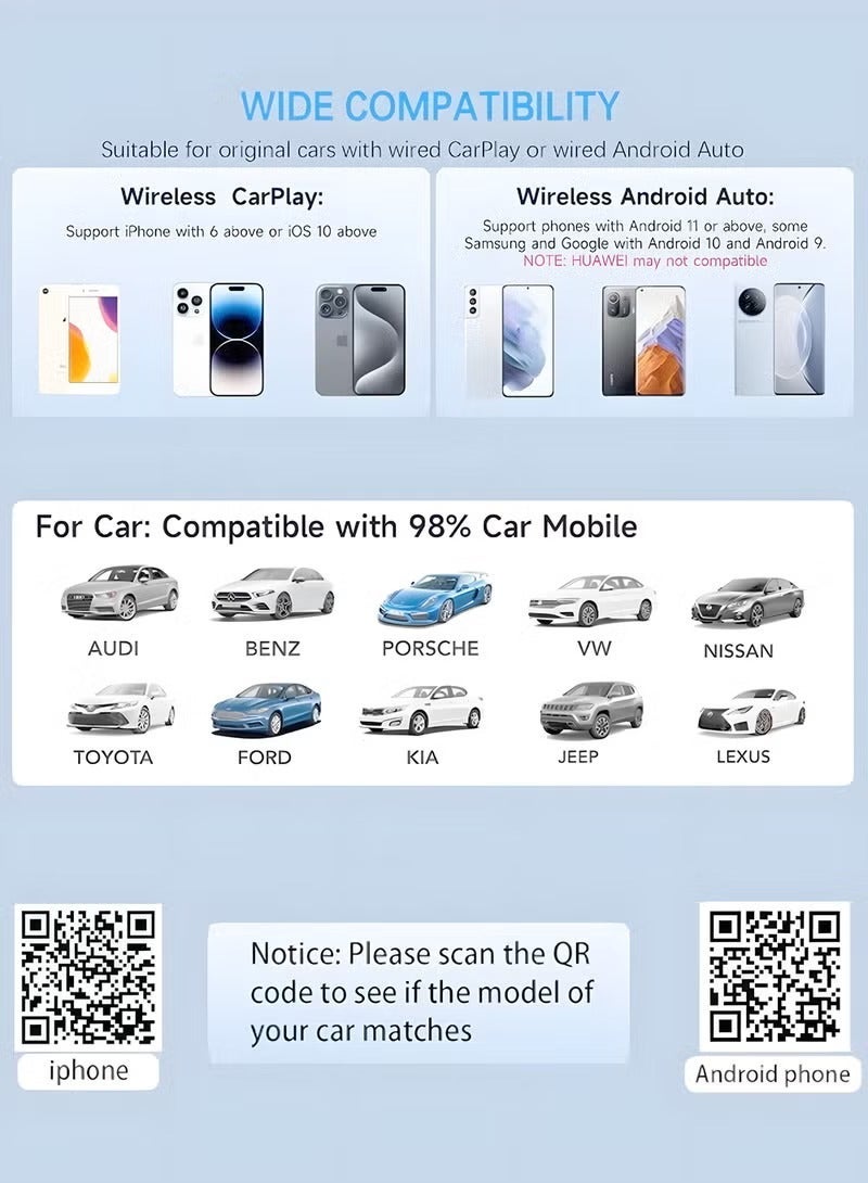 كافيلي محول CarPlay لاسلكي مُطوّر لأجهزة iPhone وAndroid، يحوّل نظام Apple CarPlay السلكي إلى لاسلكي، بدون تأخير، اتصال تلقائي، تحكم ثابت، مع كابل تمديد USB-C وType-C (أسود) - Image 4